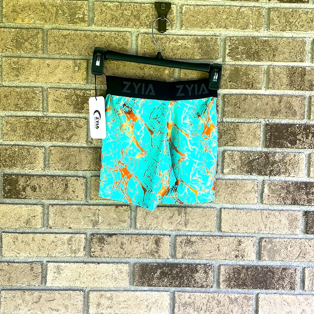 NWT Zyia Active Banded Turquoise Marble Hustle  shorts-size XXS